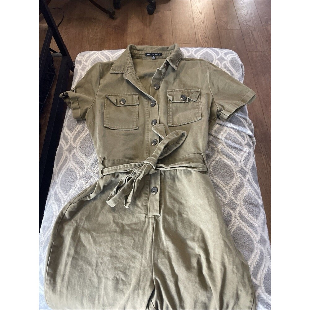 Haute Monde Womens Green Utility Cotton Twill Short Sleeve Jumpsuit Size L